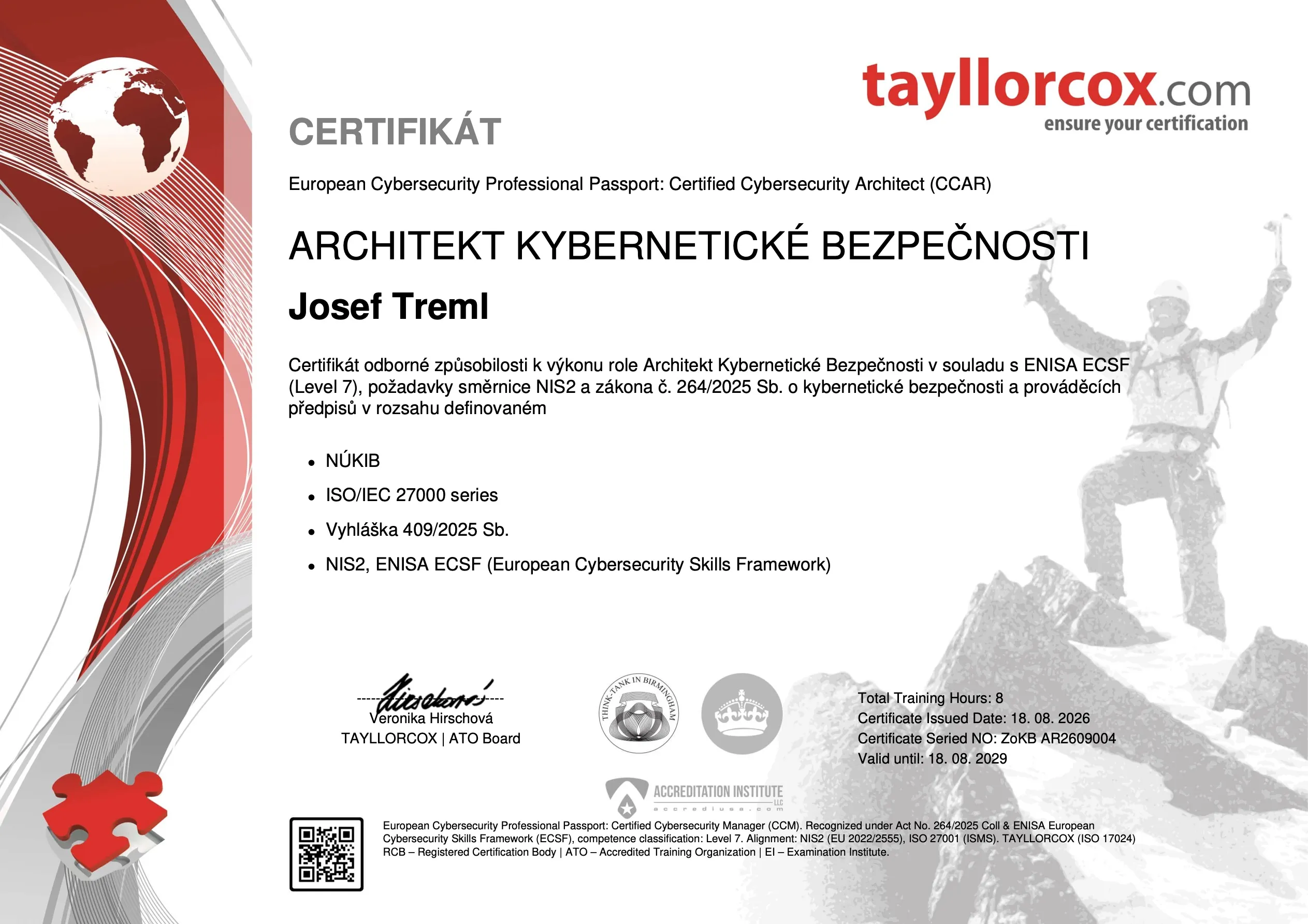 Certifikát Architekt kybernetické bezpečnosti Josef Treml