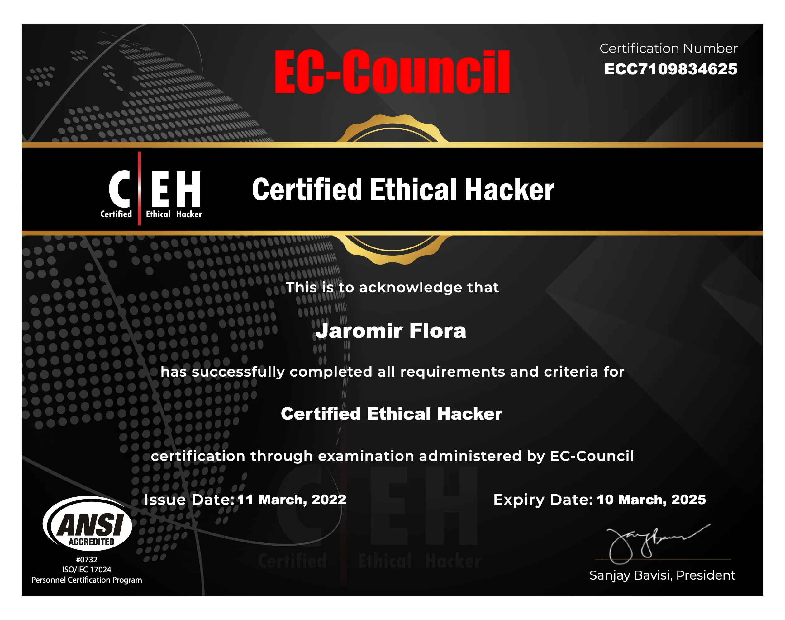 Certifikát CEH Jaromír Flora
