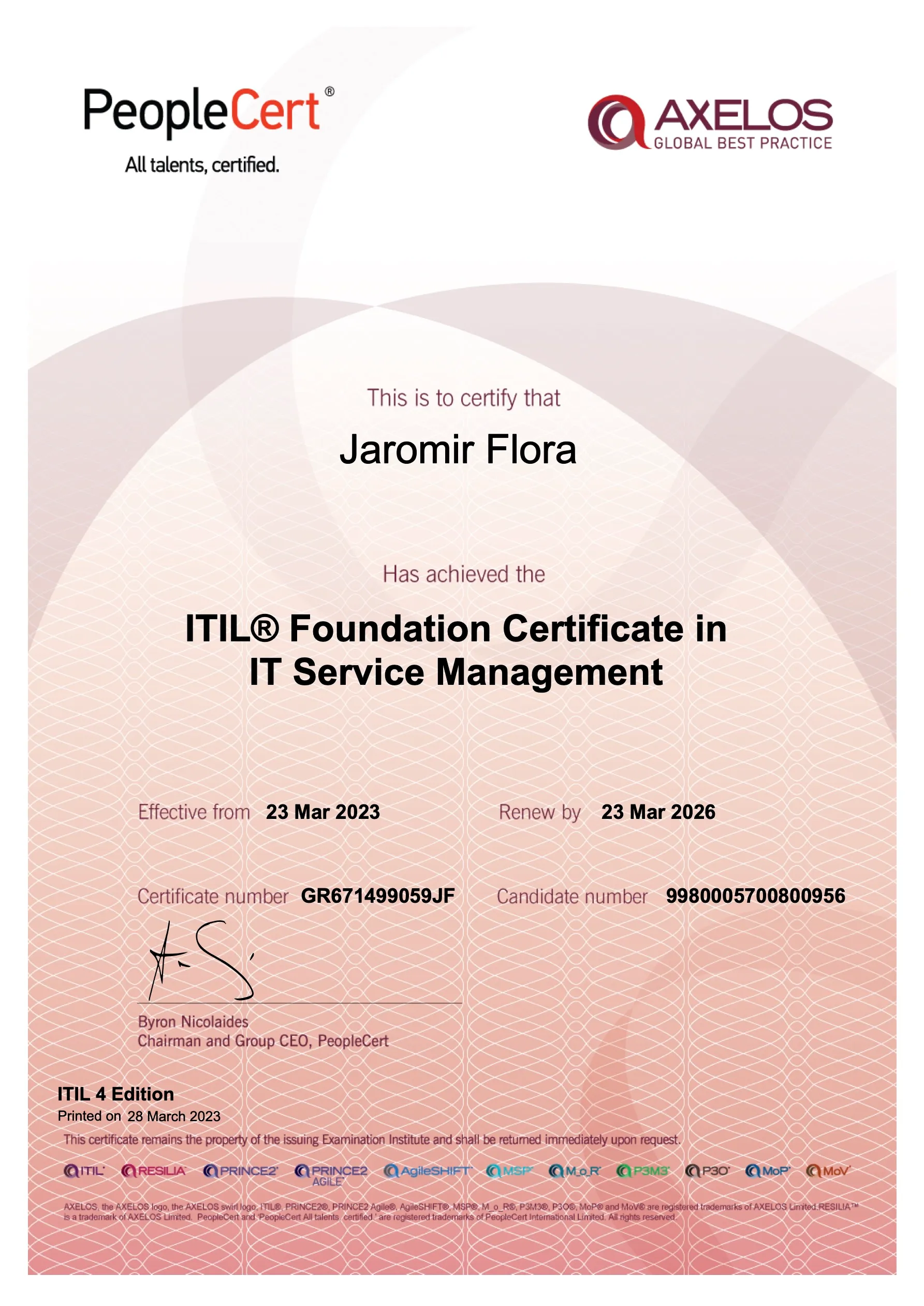 Certifikát ITIL Jaromír Flora